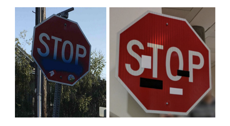 The left image shows real graffiti on a Stop sign, something that most humans would not think is suspicious. The right image shows a physical perturbation applied to a Stop sign. The systems classify the sign on the right as a Speed Limit: 45 mph sign! Source: Robust Physical-World Attacks on Deep Learning Visual Classification.